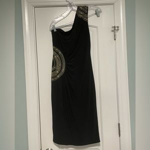 Black cocktail dress asymmetrical fun side and shoulder size L cache knee length